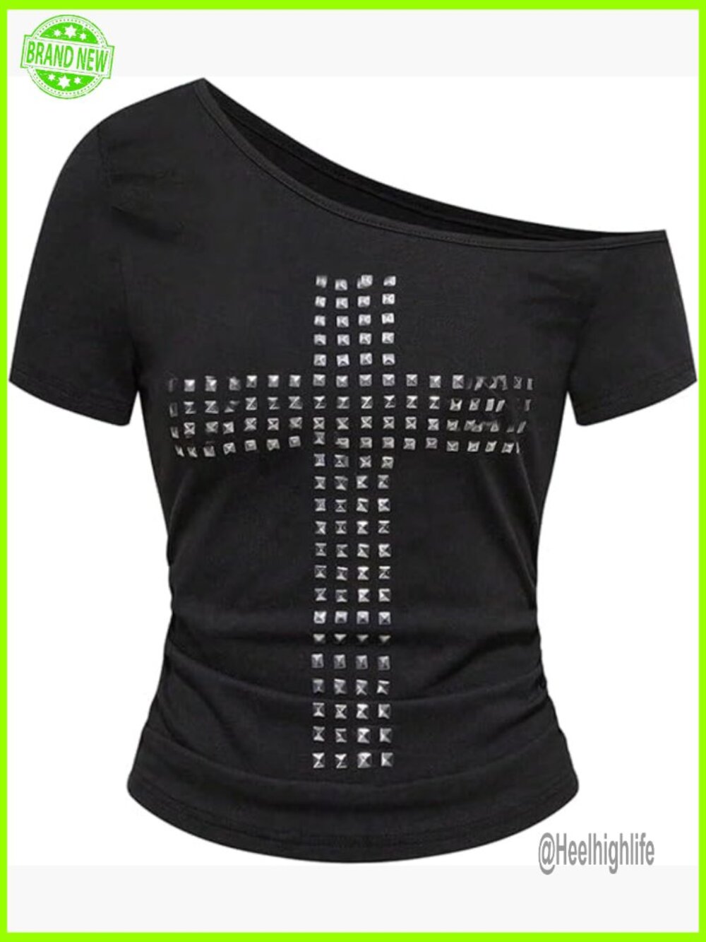 Y2K Off Shoulder Cross Rivet T Shirt Grunge Punk Streetwear Top